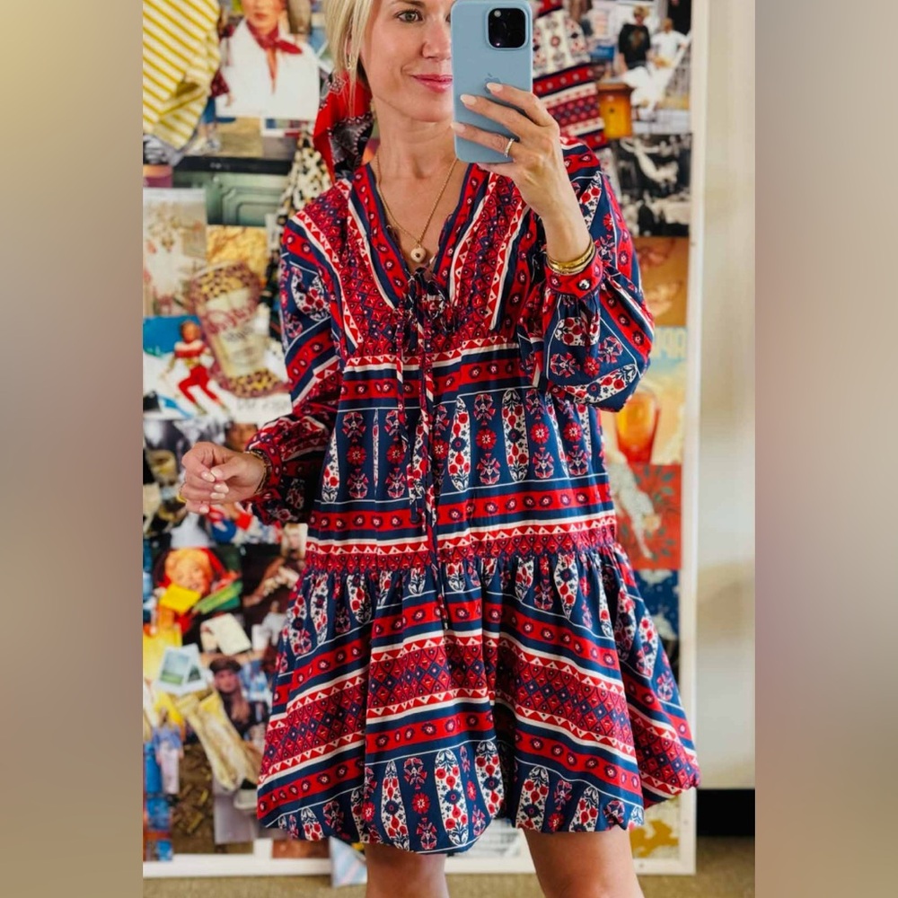 HUNTER BELL- Sawyer dress, Bohemian Red and Blue Patterned